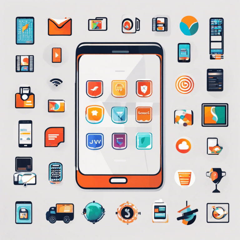 Ate a smartphone surrounded by distinct icons representing Java, Swift, Kotlin, and Flutter, symbolizing their role in mobile app development