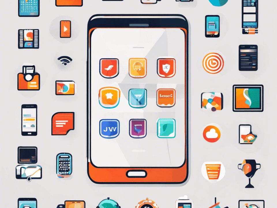 Ate a smartphone surrounded by distinct icons representing Java, Swift, Kotlin, and Flutter, symbolizing their role in mobile app development