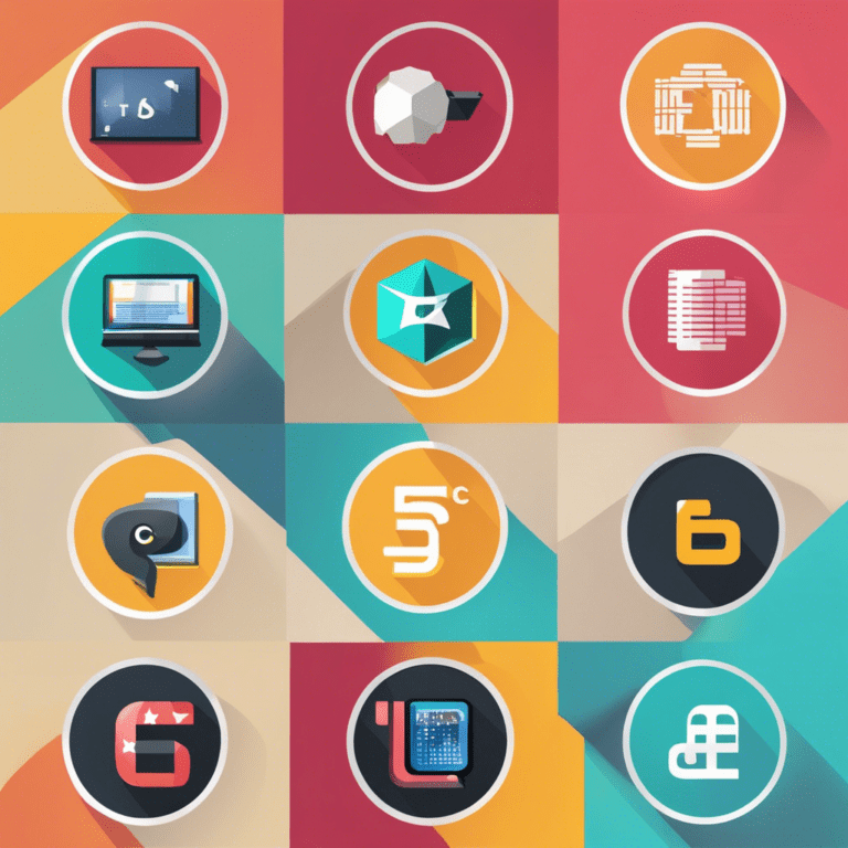 an image featuring five different icons representing top beginner-friendly programming languages (Python, JavaScript, Ruby, HTML, Java), arranged on a desktop with a beginner's guide book