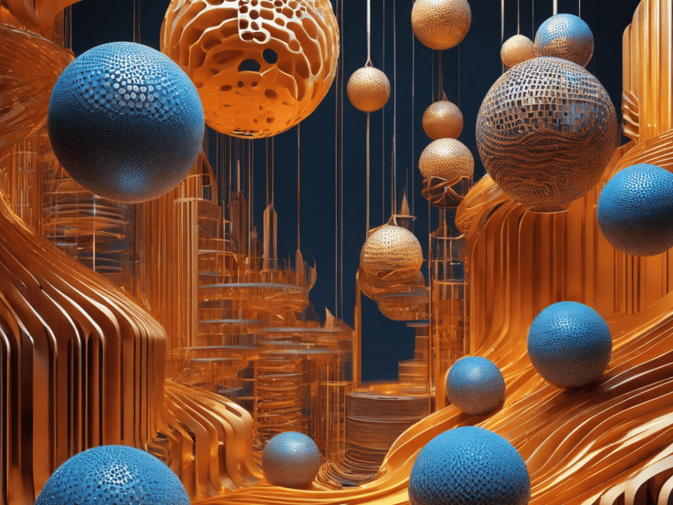 Hree separate 3D spheres, each filled with abstract symbols representing Python, R, and SQL, hovering over a stylized digital landscape, signifying data science